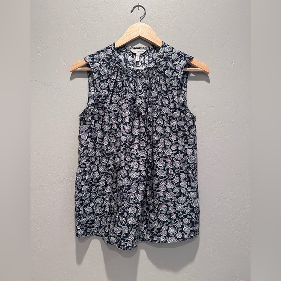 Rebecca Taylor Navy Blue Floral Sleeveless Blouse Size 2 100% Silk - Picture 1 of 7